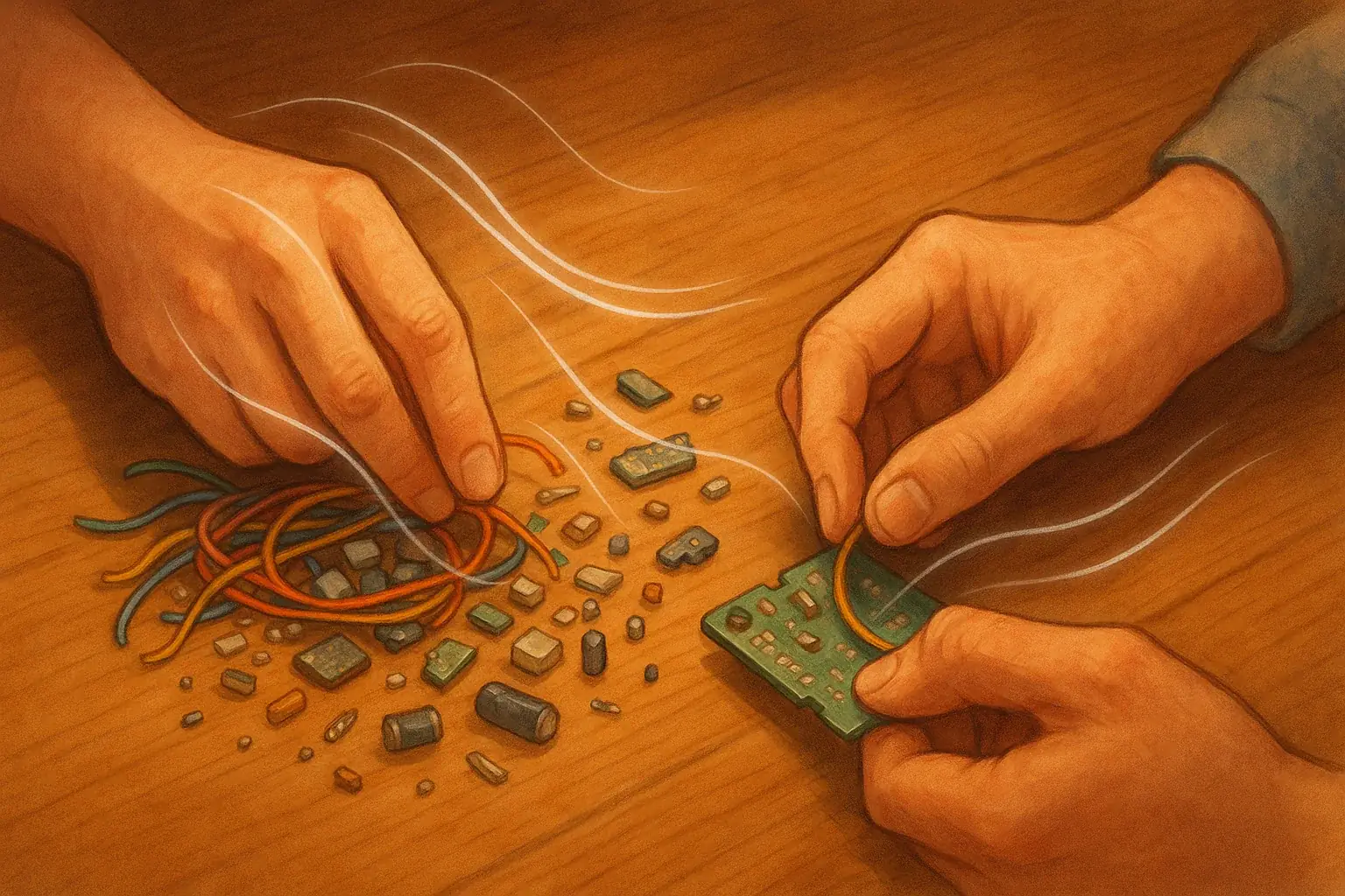Hands mindfully assembling e-waste components, gentle waves visualizing synced breath.