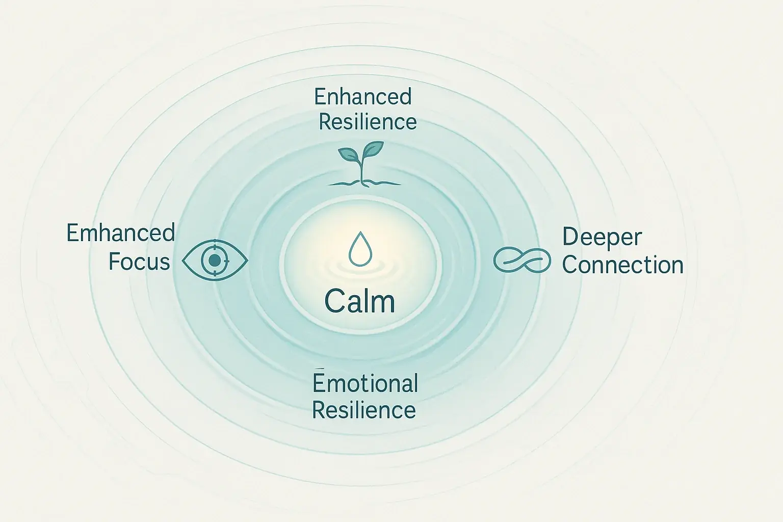 Ripple effect infographic: Calm at center expands to Enhanced Focus, Resilience, Connection—mindful breathing benefits.