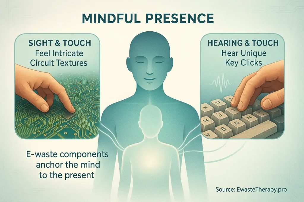 How e-waste engages senses (sight, touch, hearing), with its sensory inputs visually tied to mindfulness.