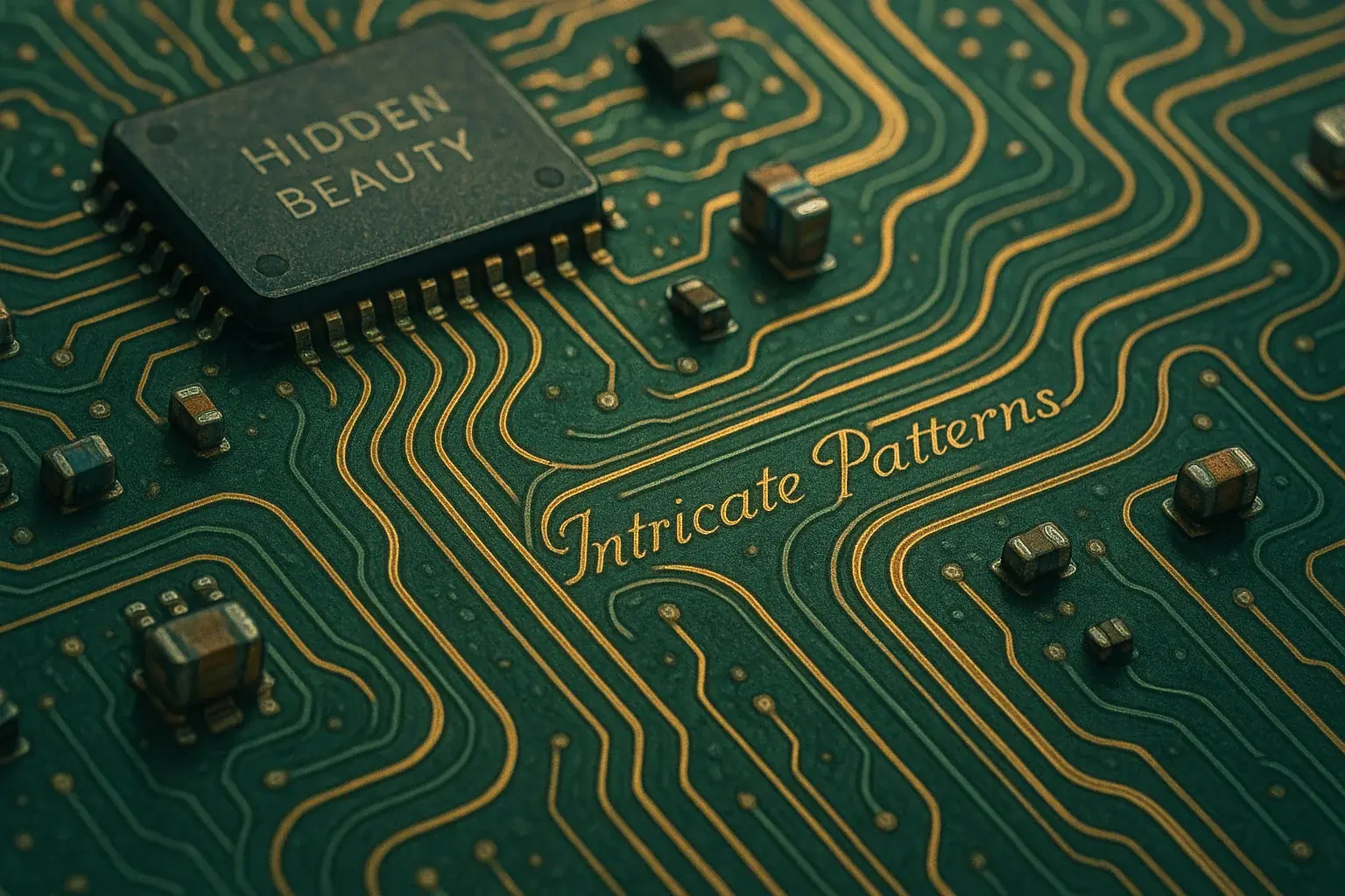 Circuit board close-up illustration: intricate patterns, vibrant green, gold, silver traces. Uncovering e-waste's beauty.