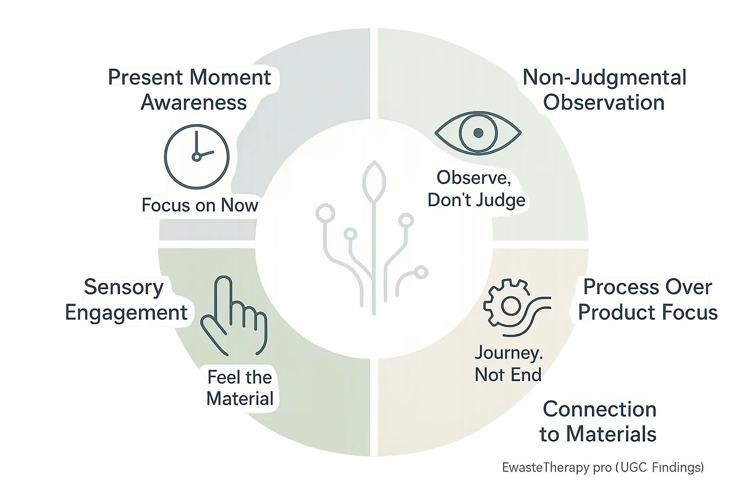 Infographic: 5 pillars of mindful e-waste art: Awareness, Observation, Process, Sensory, Connection, with icons.