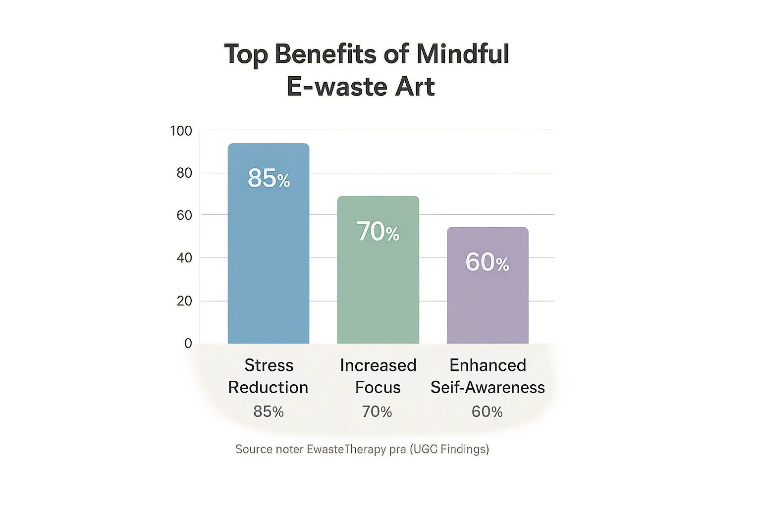 Bar chart: Mindful e-waste art benefits: Stress Reduction (85%), Increased Focus (70%), Enhanced Self-Awareness (60%).