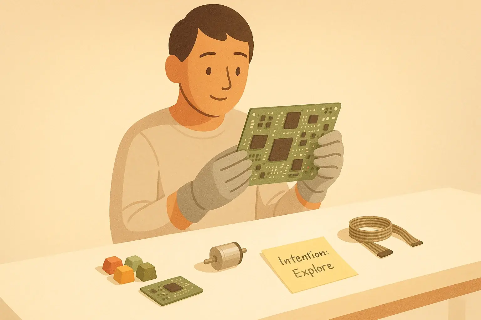 Friendly, gloved person carefully holds circuit board. Nearby, e-waste neatly arranged on a well-lit, inviting workspace.