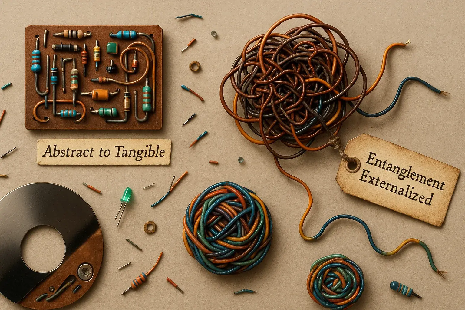 Collage of e-waste art: wire sculptures & circuit board pieces creatively depicting anxiety for therapeutic projects.