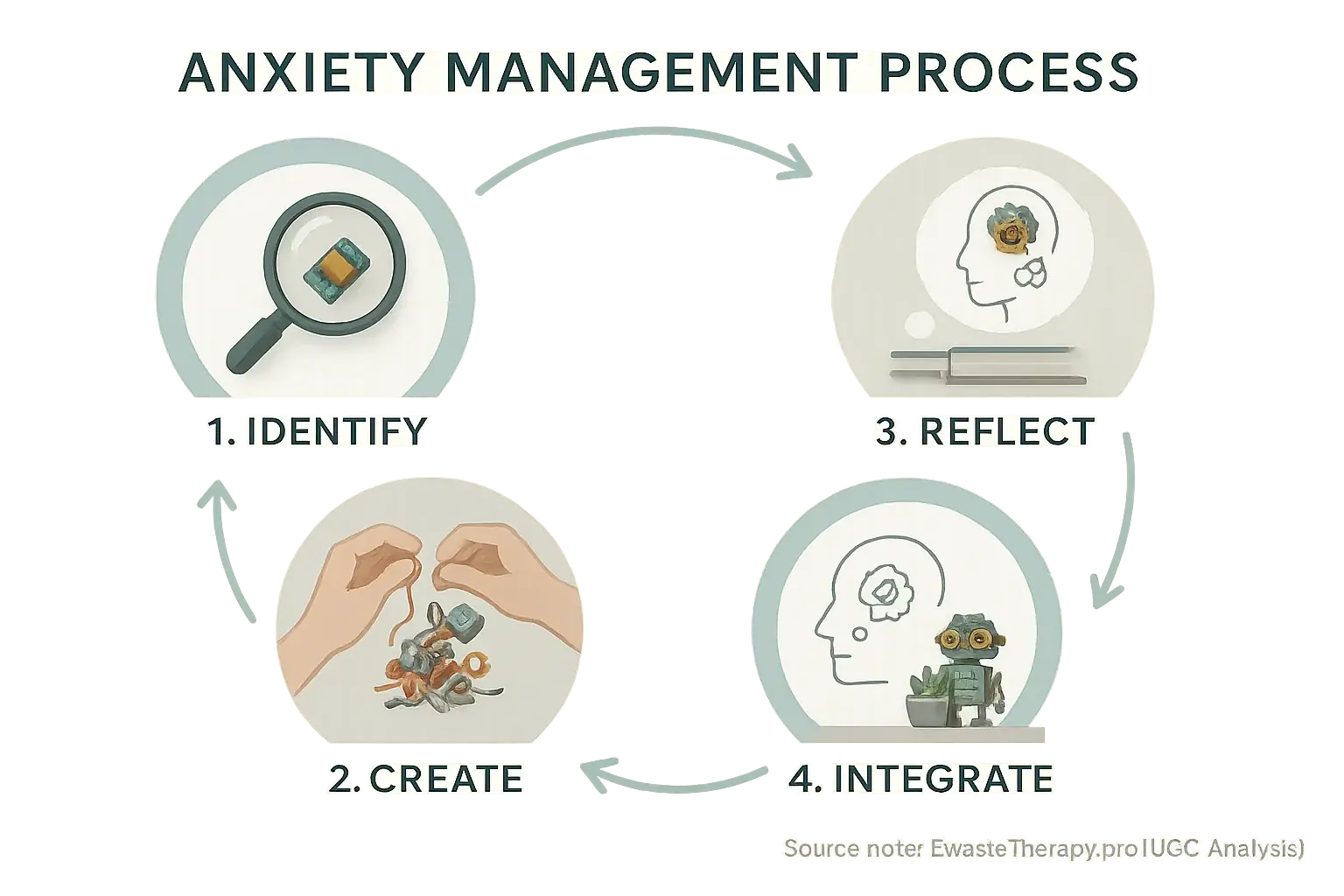 E-waste art anxiety management cycle: Identify, Create, Reflect, Integrate, with e-waste art icons.