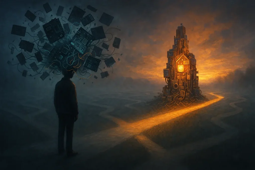 Person at dreamlike crossroads; tech confusion fades as glowing e-waste art reveals a clear, hopeful path.