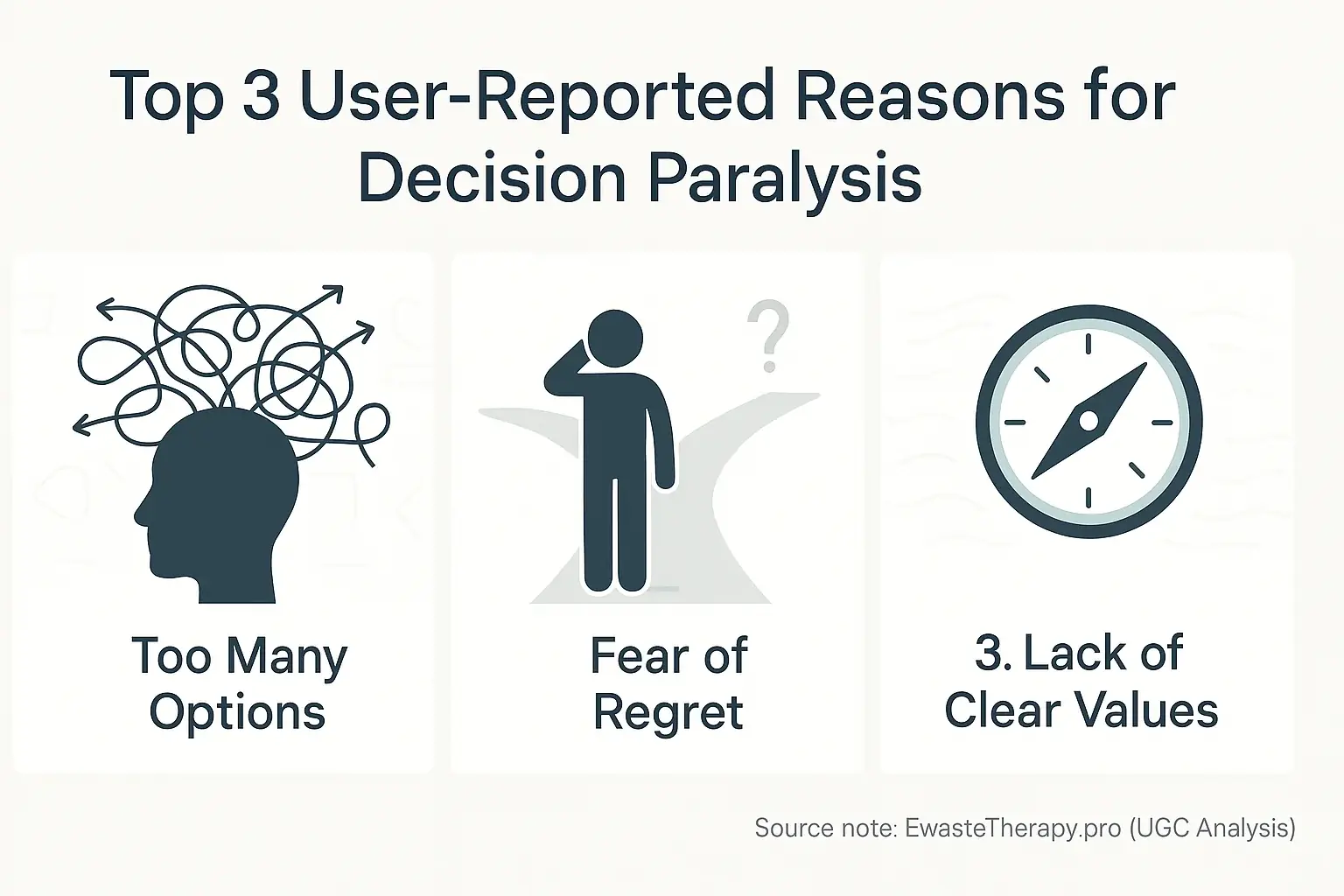 Infographic: Top 3 user-reported causes for decision paralysis: Too Many Options, Fear of Regret, Lack of Clear Values;