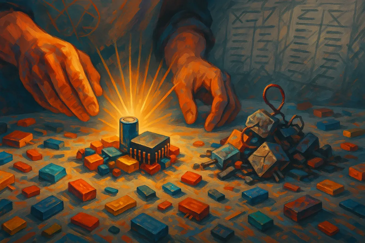 Hands sort colorful e-waste art; light rays from sorted piles symbolize clarity beyond tangled pros/cons.