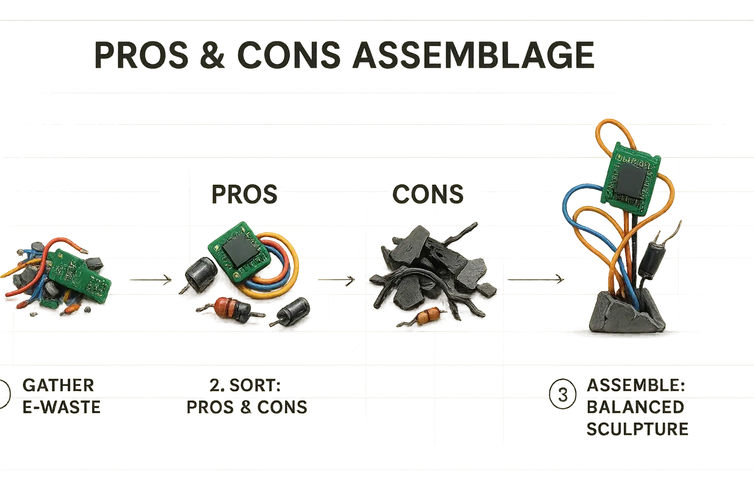 Infographic: 'Pros & Cons Assemblage' steps—e-waste sorted (pros/cons), then built into a balanced sculpture for decision
