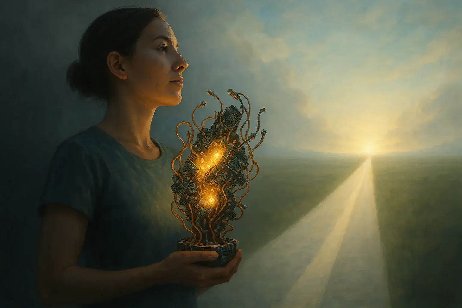Person with transformed e-waste art on a clear path, radiating confidence, peace, and insight from decisions.