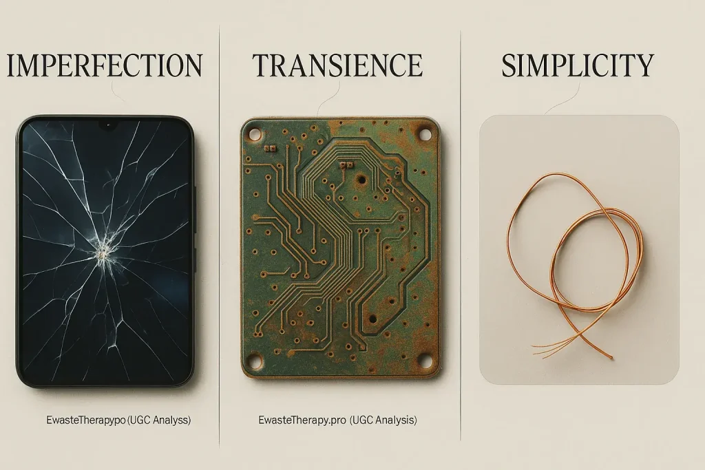 Infographic: Wabi-Sabi's imperfection, transience, simplicity reveal harmony in e-waste like cracked screens & rusted