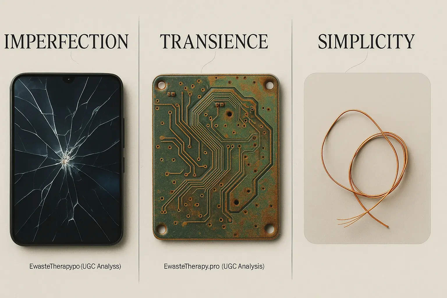Infographic: Wabi-Sabi's imperfection, transience, simplicity reveal harmony in e-waste like cracked screens & rusted