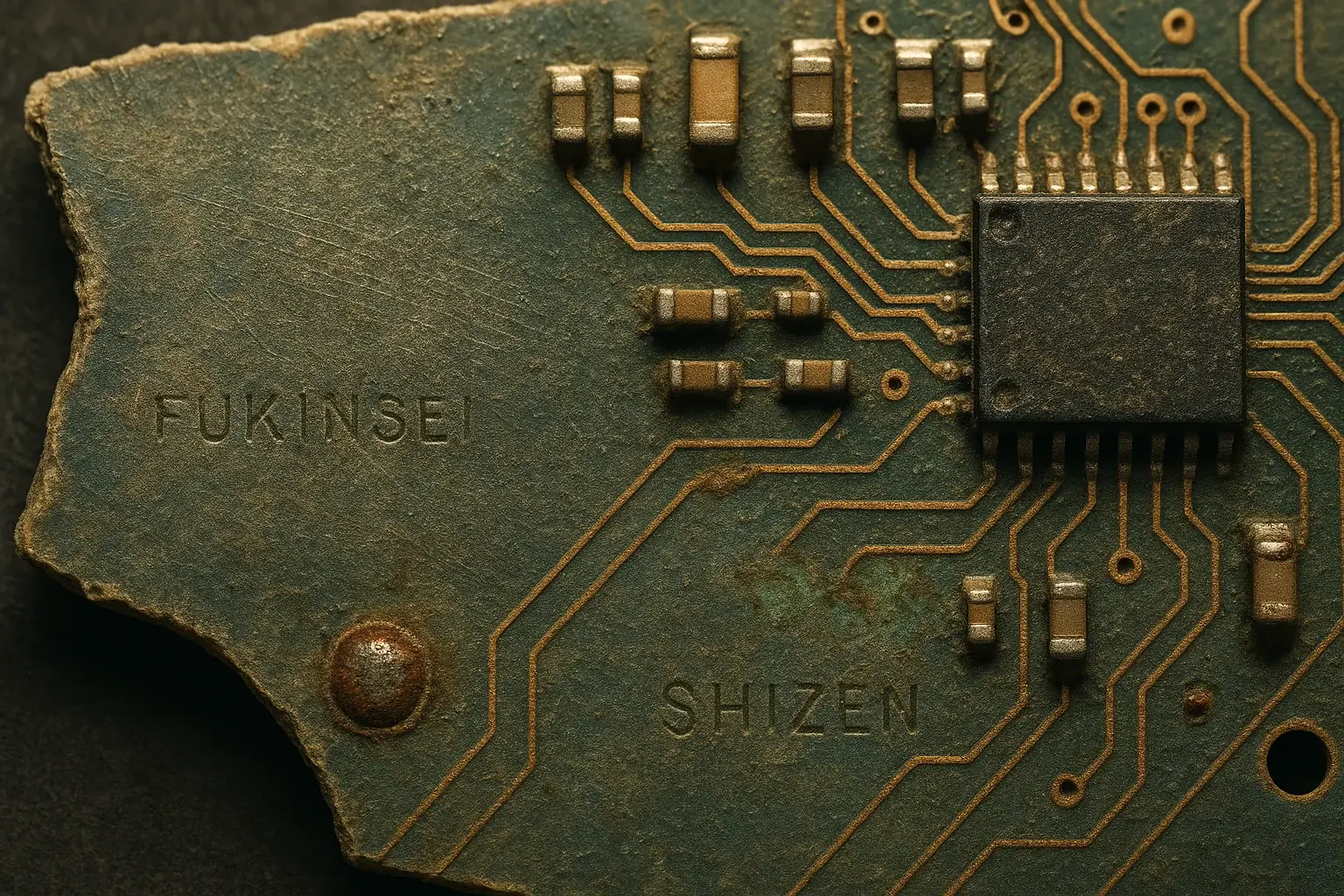 Artistic close-up of a worn circuit board fragment, its textures and imperfections revealing Wabi-Sabi beauty in e-waste.