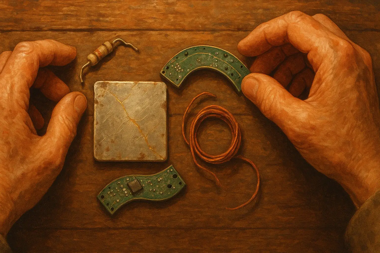 Close-up of hands carefully arranging imperfect e-waste—bent resistor, frayed wire—embodying wabi-sabi in mindful art.