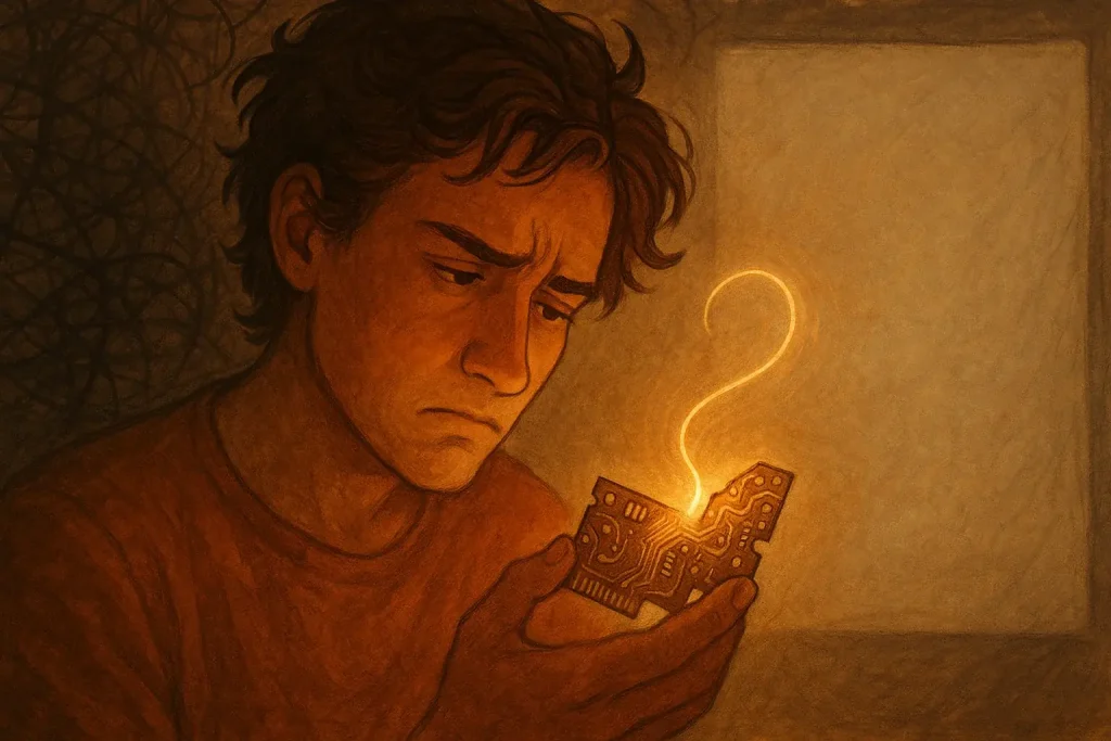 Person with thoughtful, frustrated look amid tangled thoughts, holding glowing circuit fragment, sparking e-waste art idea.