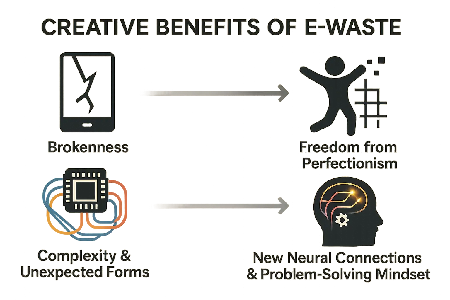 Infographic: E-waste properties (brokenness, complexity) foster creative benefits (new connections, problem-solving mindset).