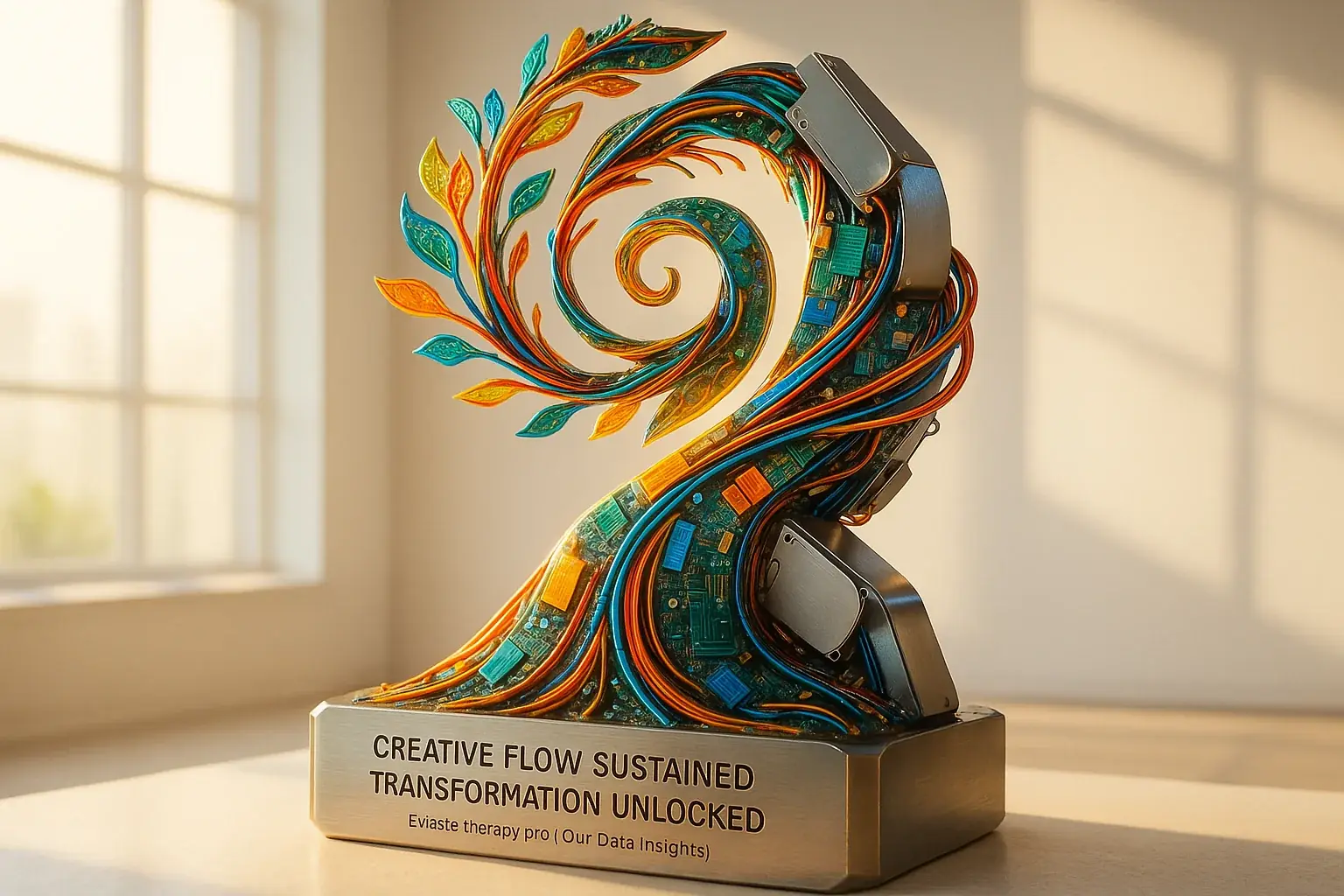 Vibrant e-waste art sculpture symbolizing creative growth, breakthrough, and sustained flow.