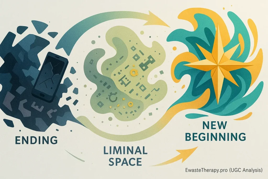 Abstract infographic: E-waste to art cycle mirrors life's transitions (ending, liminal, beginning) depicted with abstract