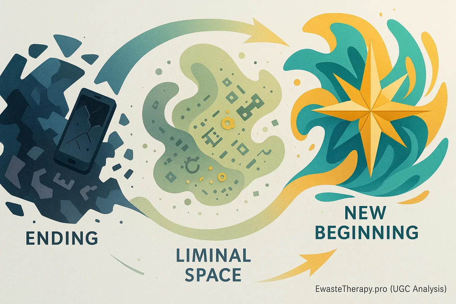 Abstract infographic: E-waste to art cycle mirrors life's transitions (ending, liminal, beginning) depicted with abstract