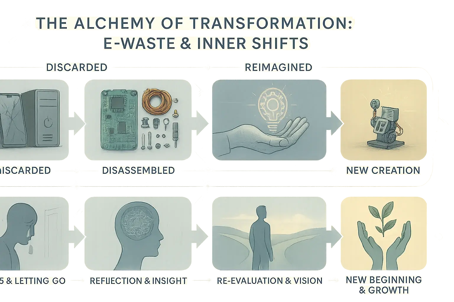 Infographic: E-waste transformation stages mirror human emotional transition stages, from discard/loss to new