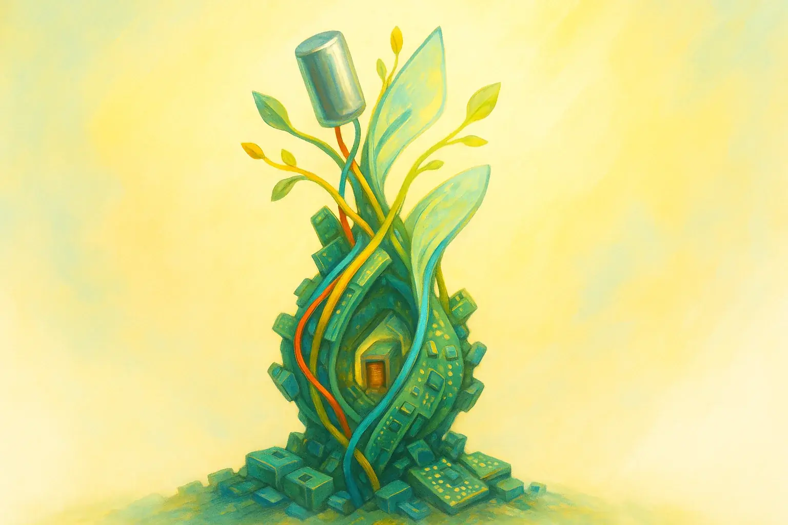 Hopeful e-waste art sprouts upward forms; new life from old tech symbolizing rebuilt identity & new horizons.