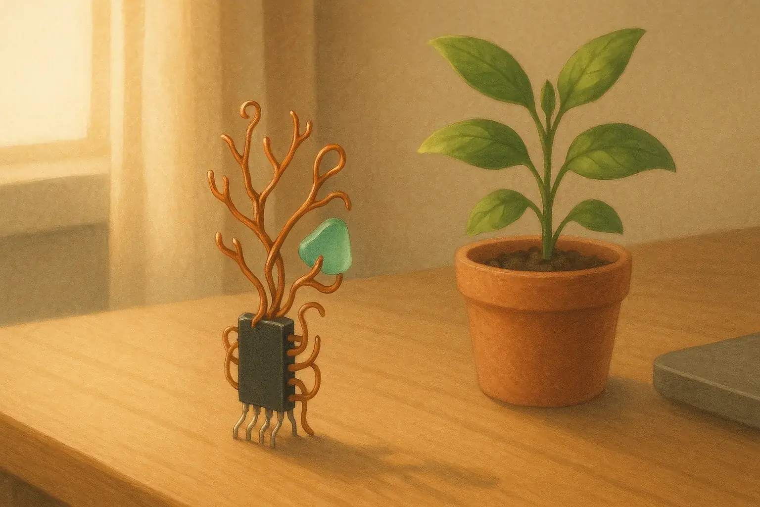 Subtle, meaningful e-waste art on a desk by a plant, a calm, supportive daily reminder.