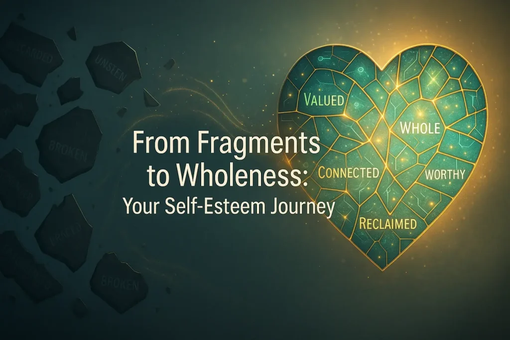 E-waste circuit board fragments reform into glowing affirmation mosaic, symbolizing self-esteem journey from brokenness to