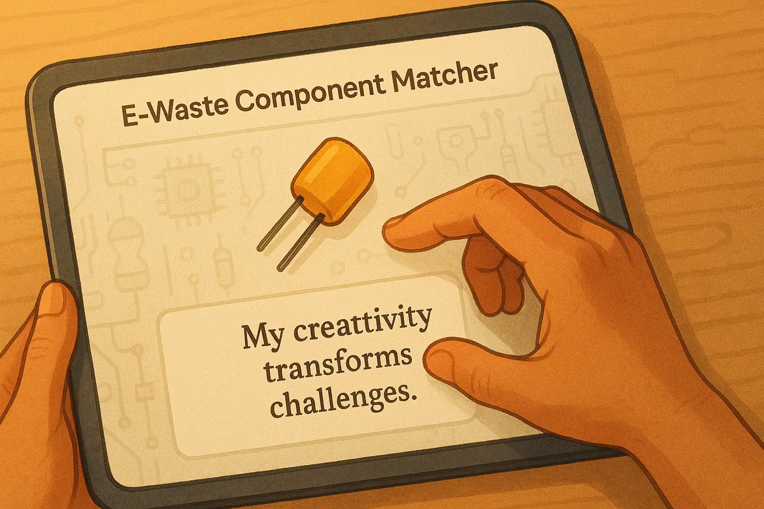 Hand interacts with 'E-Waste Component Matcher', showing selected e-waste component and its positive self-esteem affirmation.