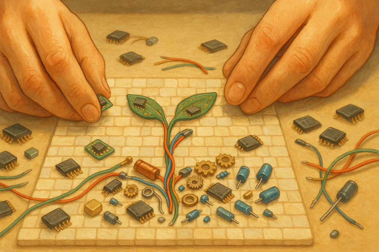 Hands mindfully craft a positive mosaic from e-waste like chips, building self-esteem piece by piece.