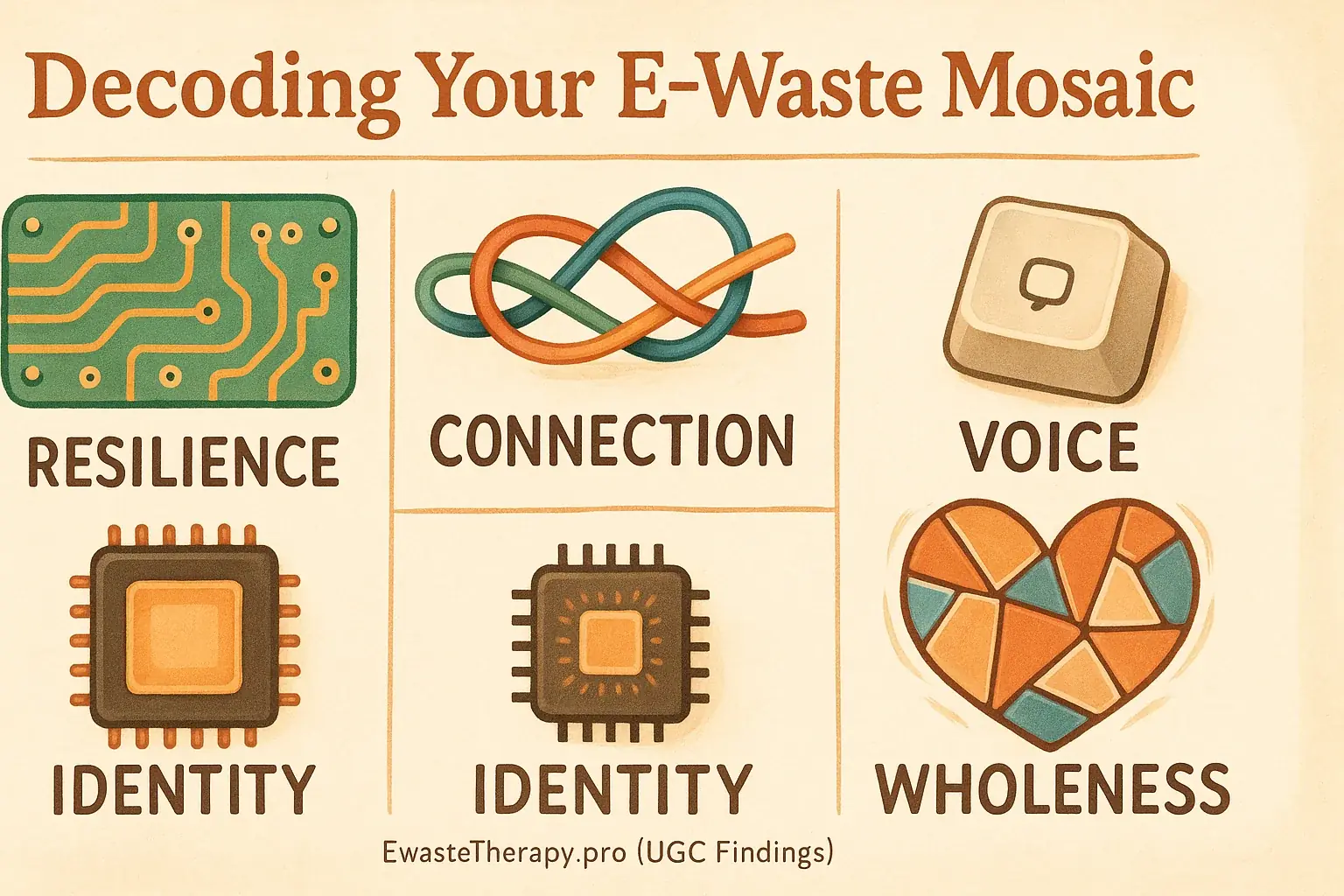 Visual dictionary: 5 e-waste icons (circuit board, wire, key, chip, screen) symbolizing inner strengths like Resilience,