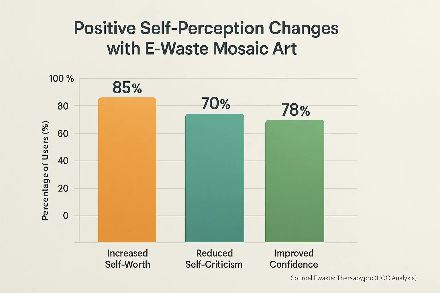 Bar chart: Therapeutic impact of e-waste mosaics—85% increased self-worth, 70% less self-criticism, 78% more confidence.