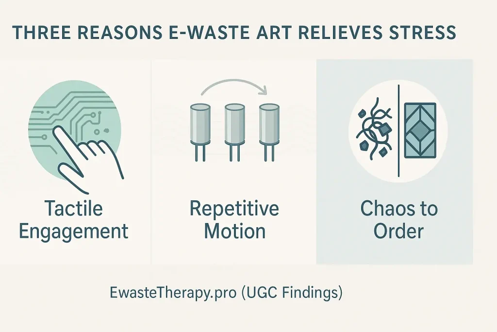 Infographic: 3 ways e-waste art relieves stress: tactile engagement, repetitive motion, transforming chaos to order.