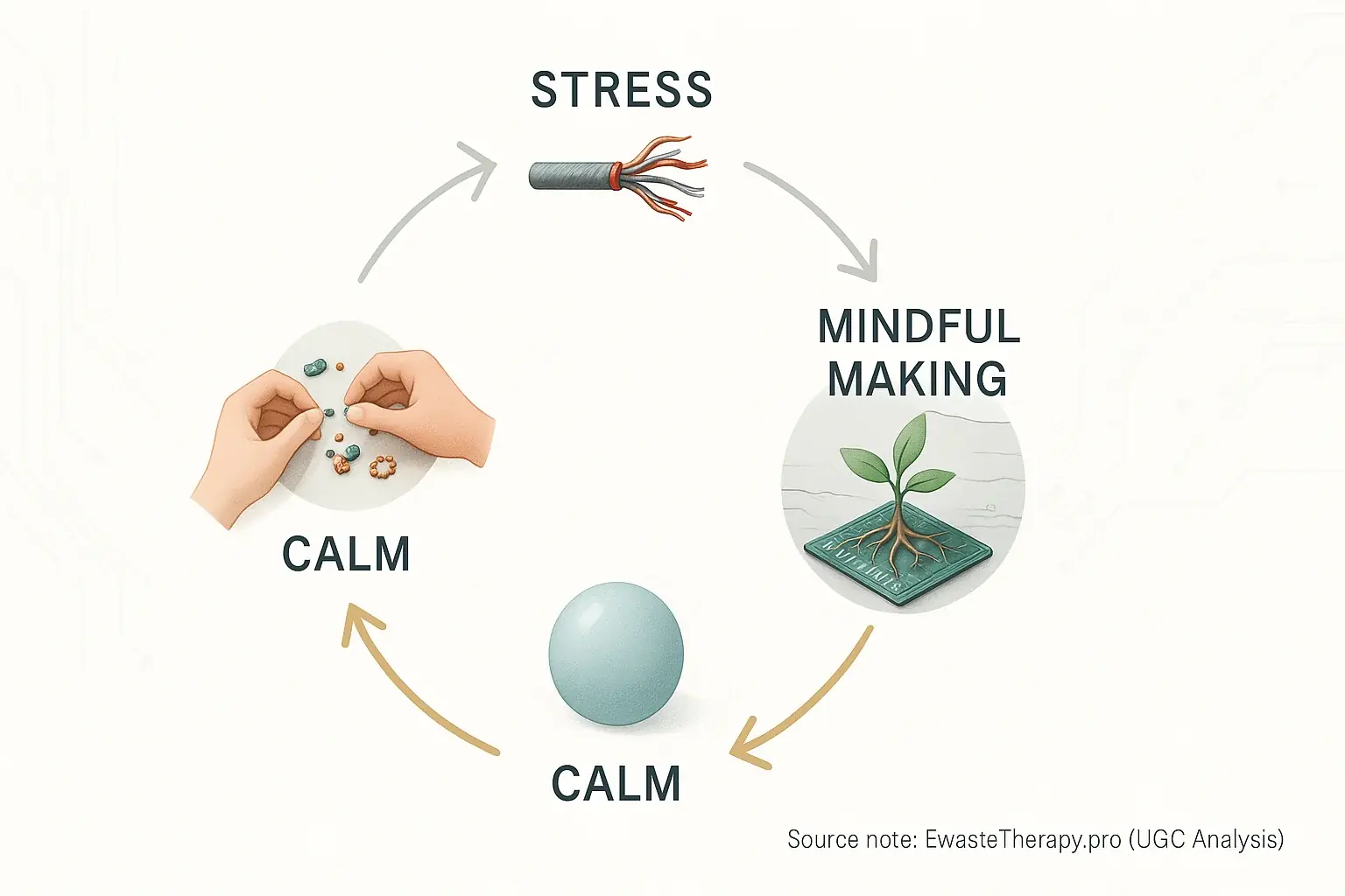 Infographic: E-waste art cycle: Stress -> Mindful Making -> Calm -> Resilience, building lasting resilience.