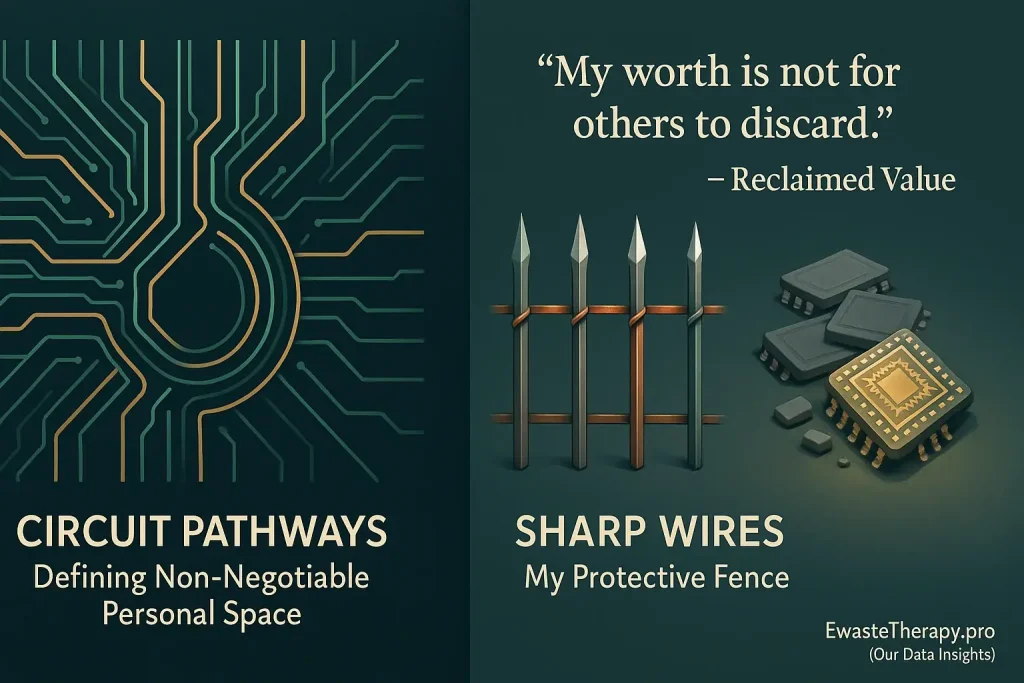 Infographic: E-waste circuit boards as life paths, sharp wires as boundary fences, and discarded chips as reclaimed