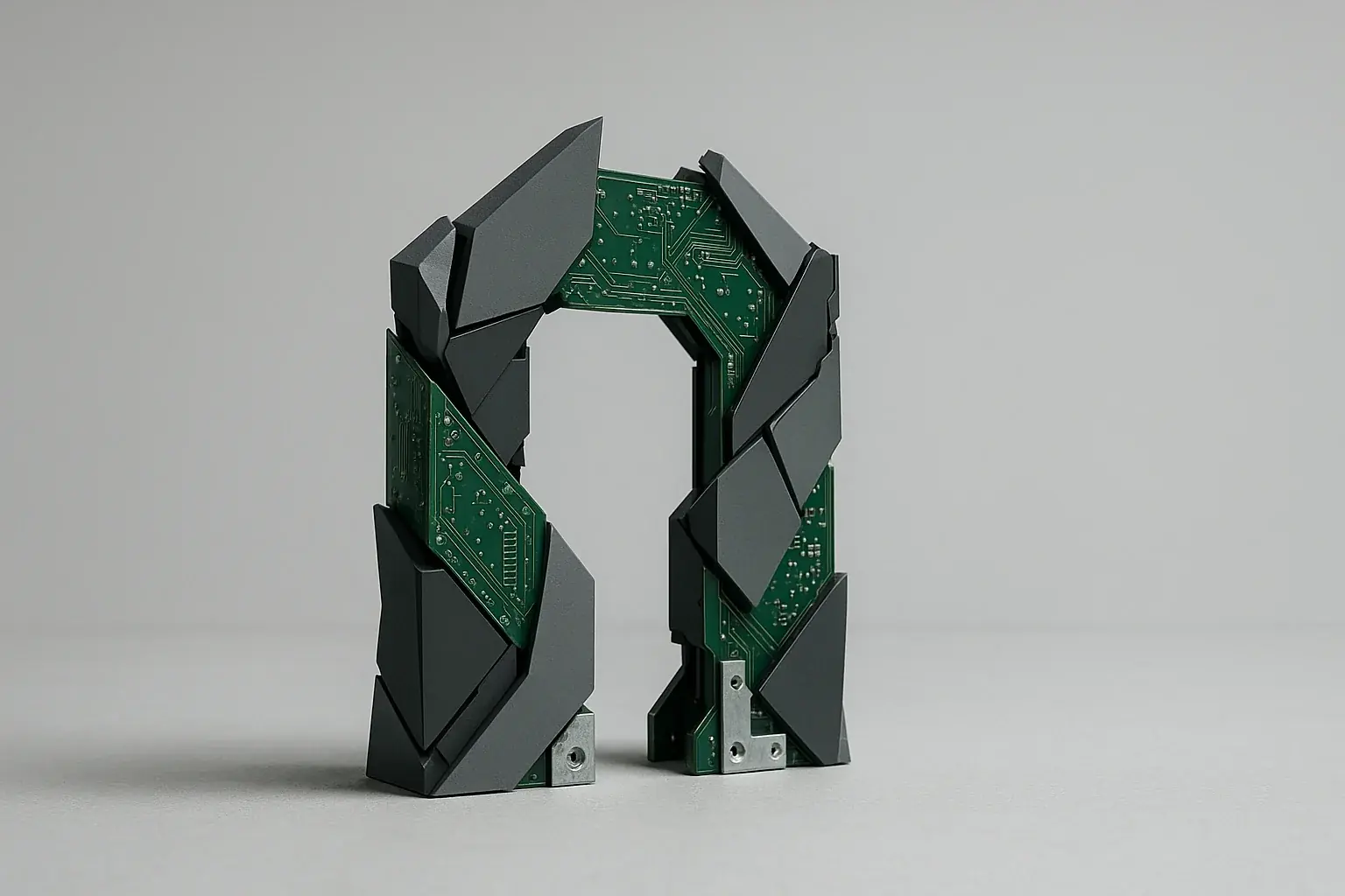 Abstract, rigid e-waste sculpture (circuit boards, metal) forming a firm, protective 'no-go zone' enclosure.