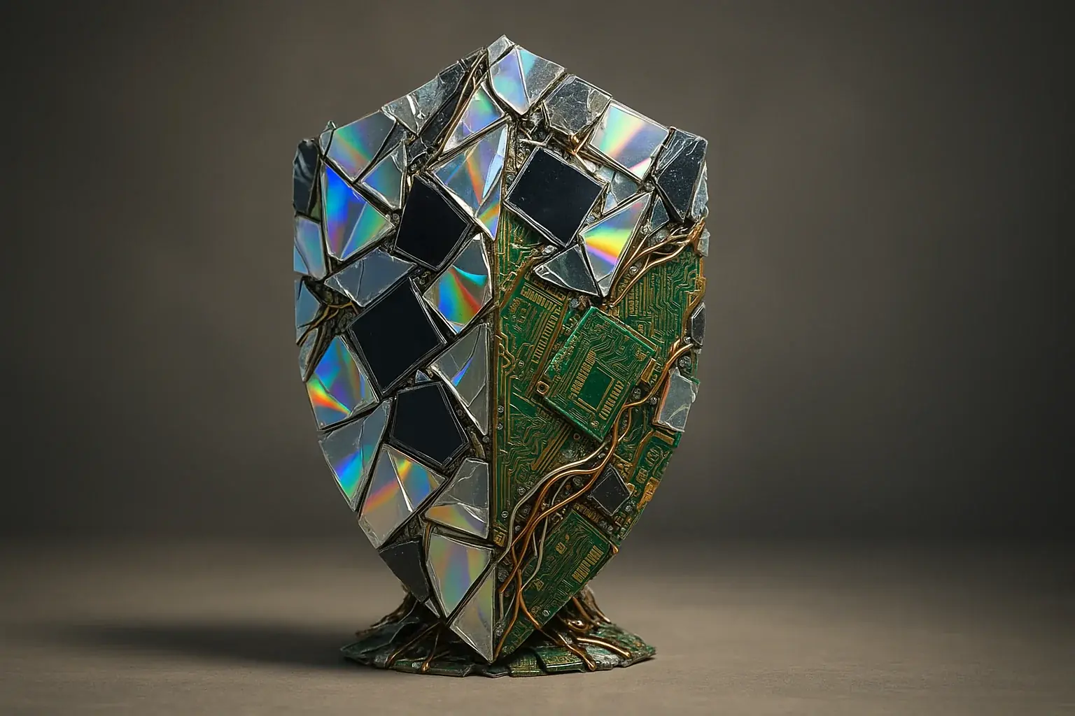 Abstract e-waste assemblage (CDs, screens, wires) forms a shimmering shield, symbolizing an energy shield for emotional