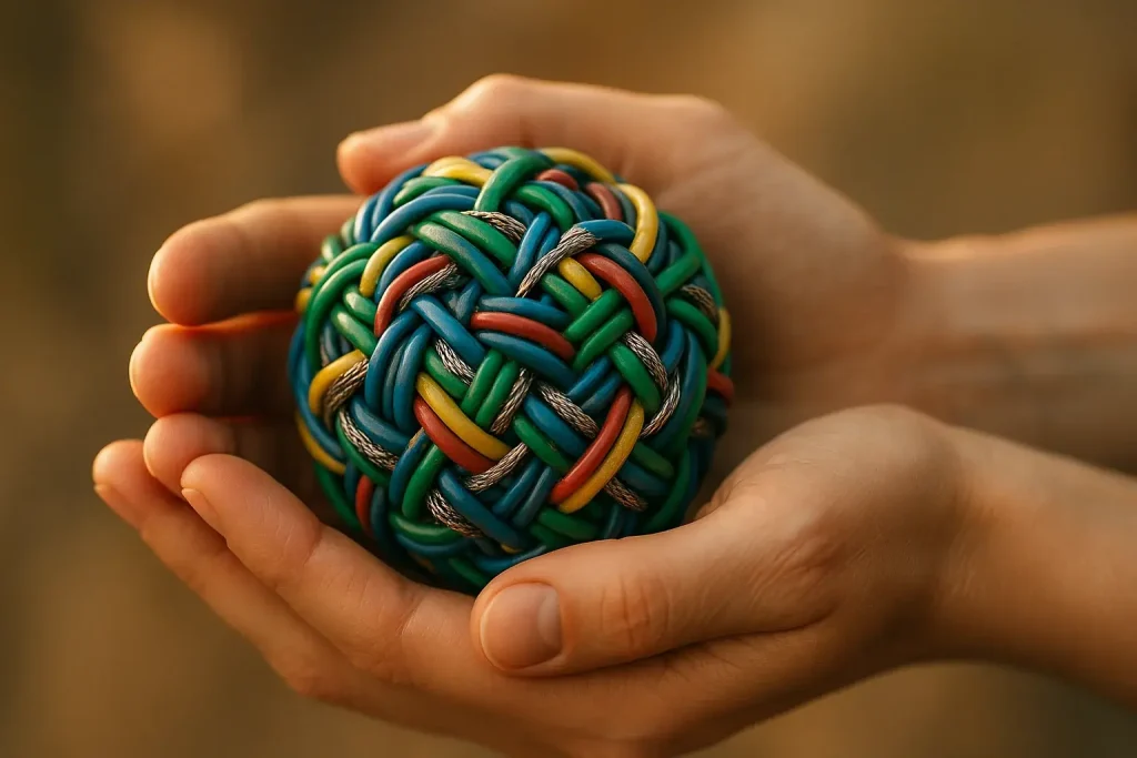 Hands gently hold a colorful, tactile stress ball woven from e-waste cables, evoking peace.