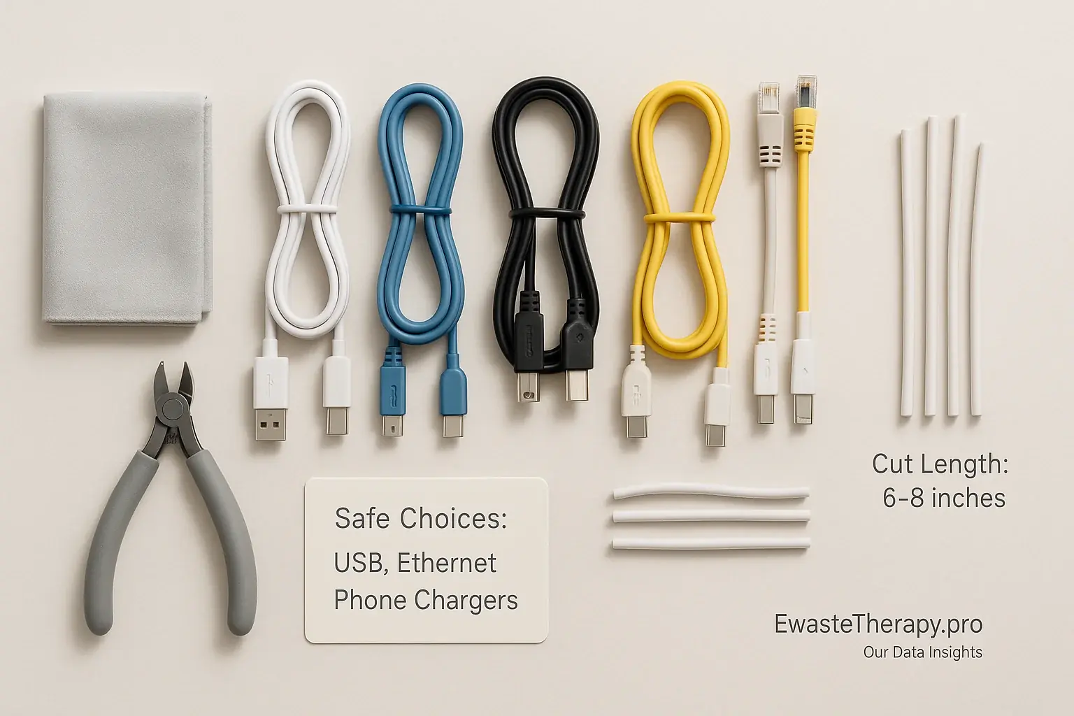 Clean, colorful e-waste cables, wire cutters, and cloth, organized for safe sourcing and preparation.