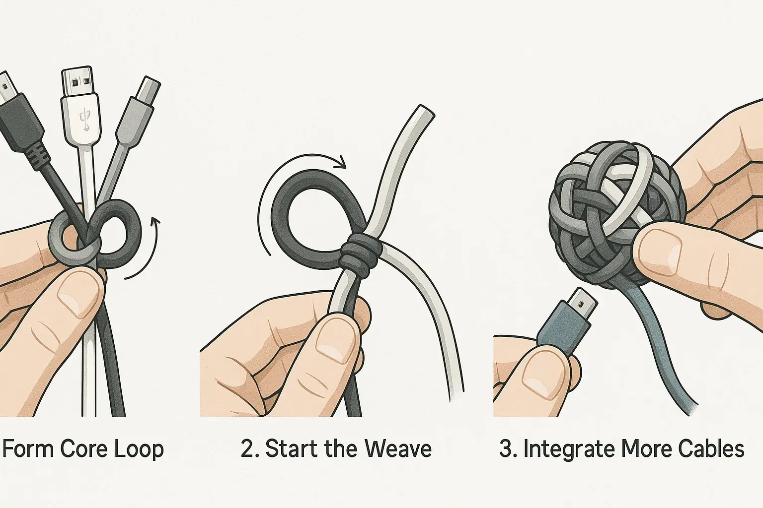 Infographic: Initial steps for weaving an e-waste cable stress ball: forming the core loop and starting the weave.
