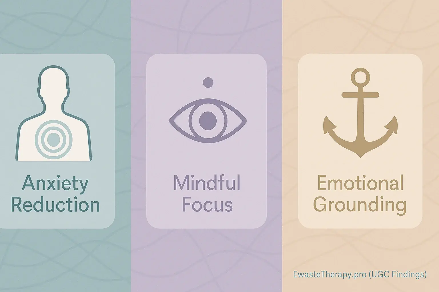 Infographic illustrating tactile art's soul-soothing benefits: anxiety reduction, mindful focus, emotional grounding.