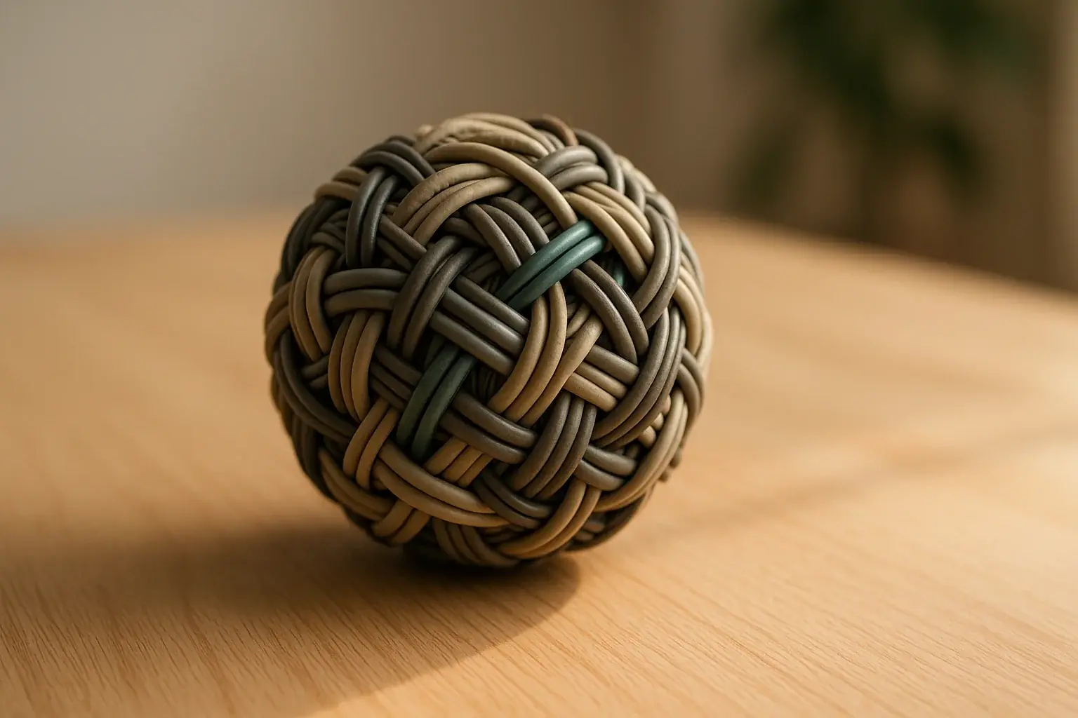 Finished e-waste cable stress ball on smooth natural surface, soft light, fostering tranquility and therapeutic calm.