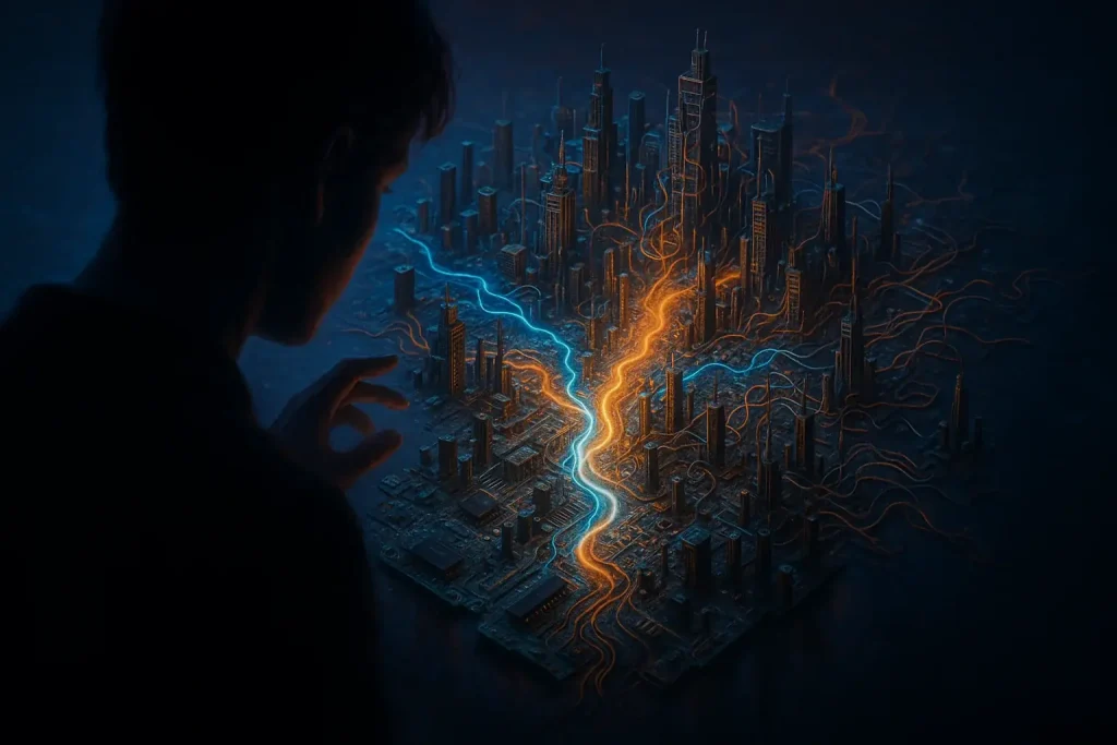 Silhouette before a miniature glowing circuit-board city; an e-waste map of one's inner world.