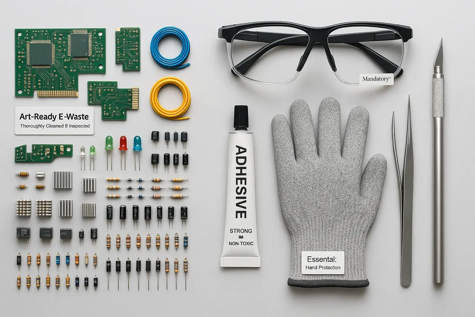 Essential e-waste (circuit boards, wires, LEDs) & art tools (glue, tweezers) in an organized flat lay for city scavenging.