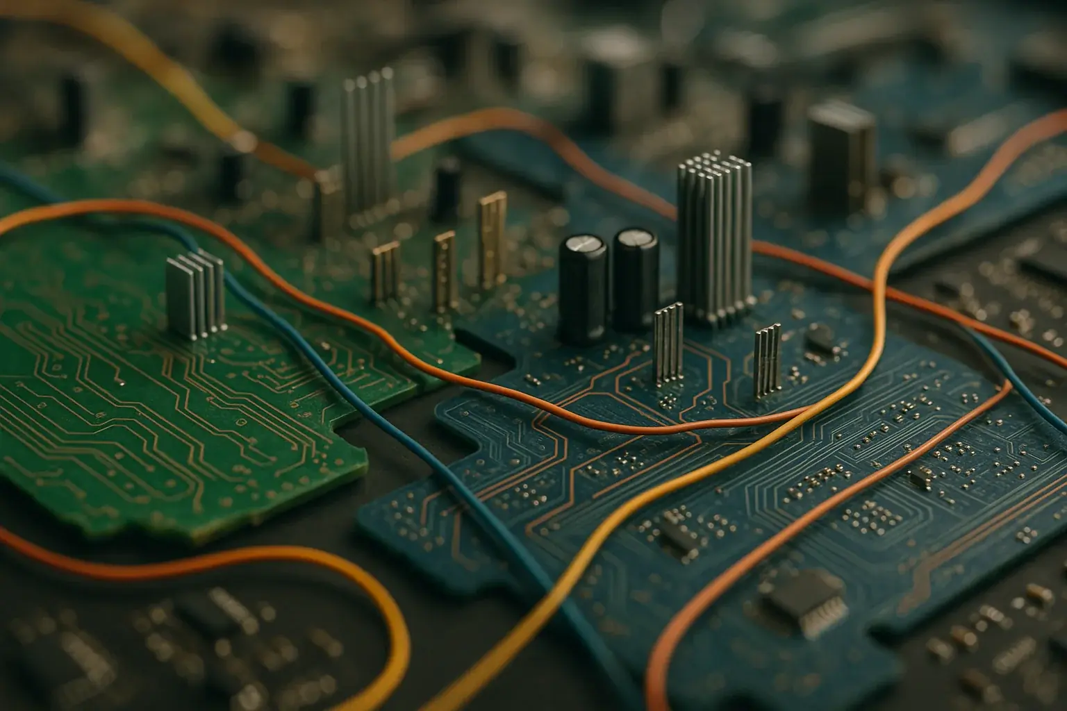 Intricate, partially assembled e-waste cityscape from circuit boards, for the 'Fragments to Metropolis' building guide.
