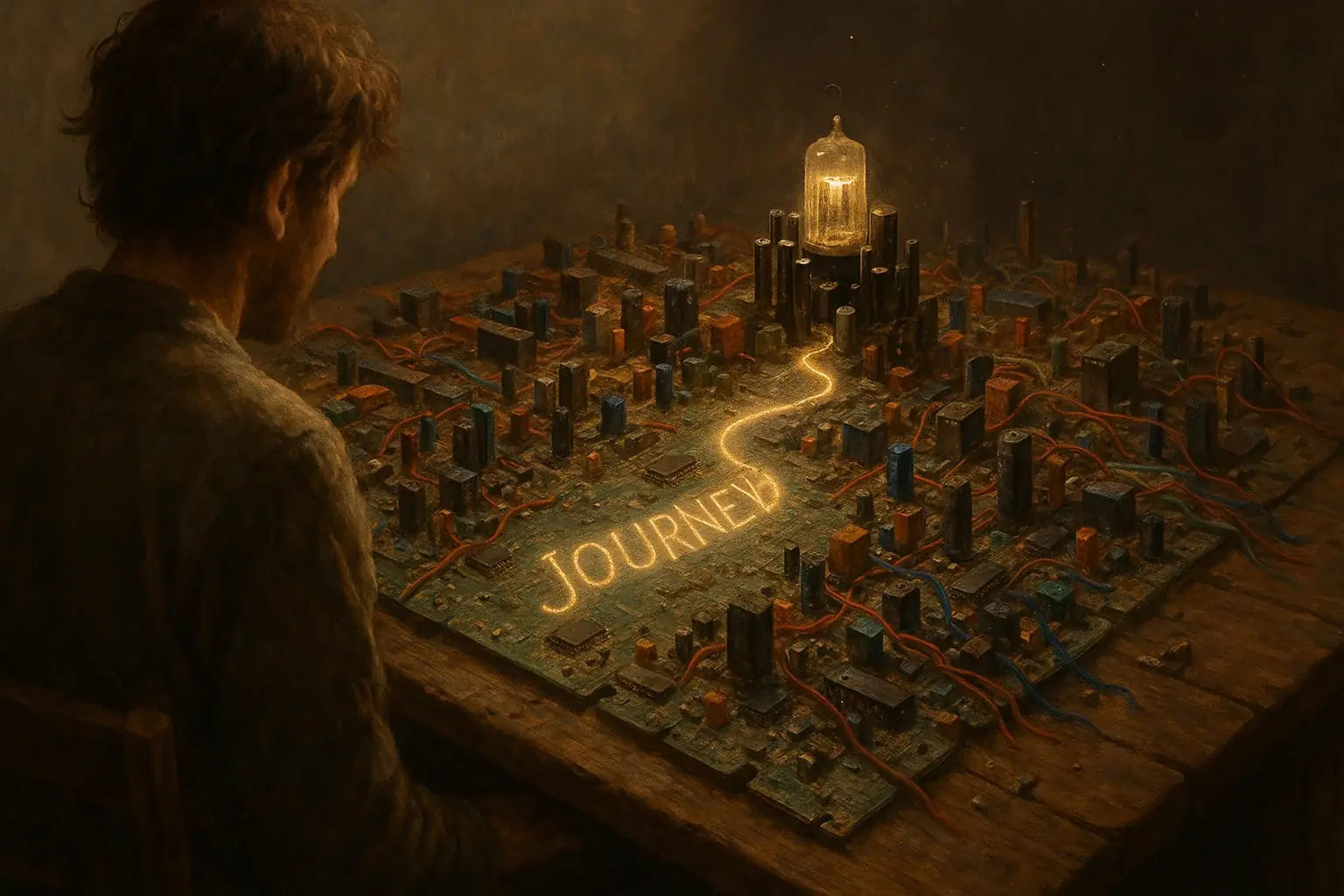 Person contemplates their finished e-waste cityscape in warm light, prompting serene self-exploration of their story.