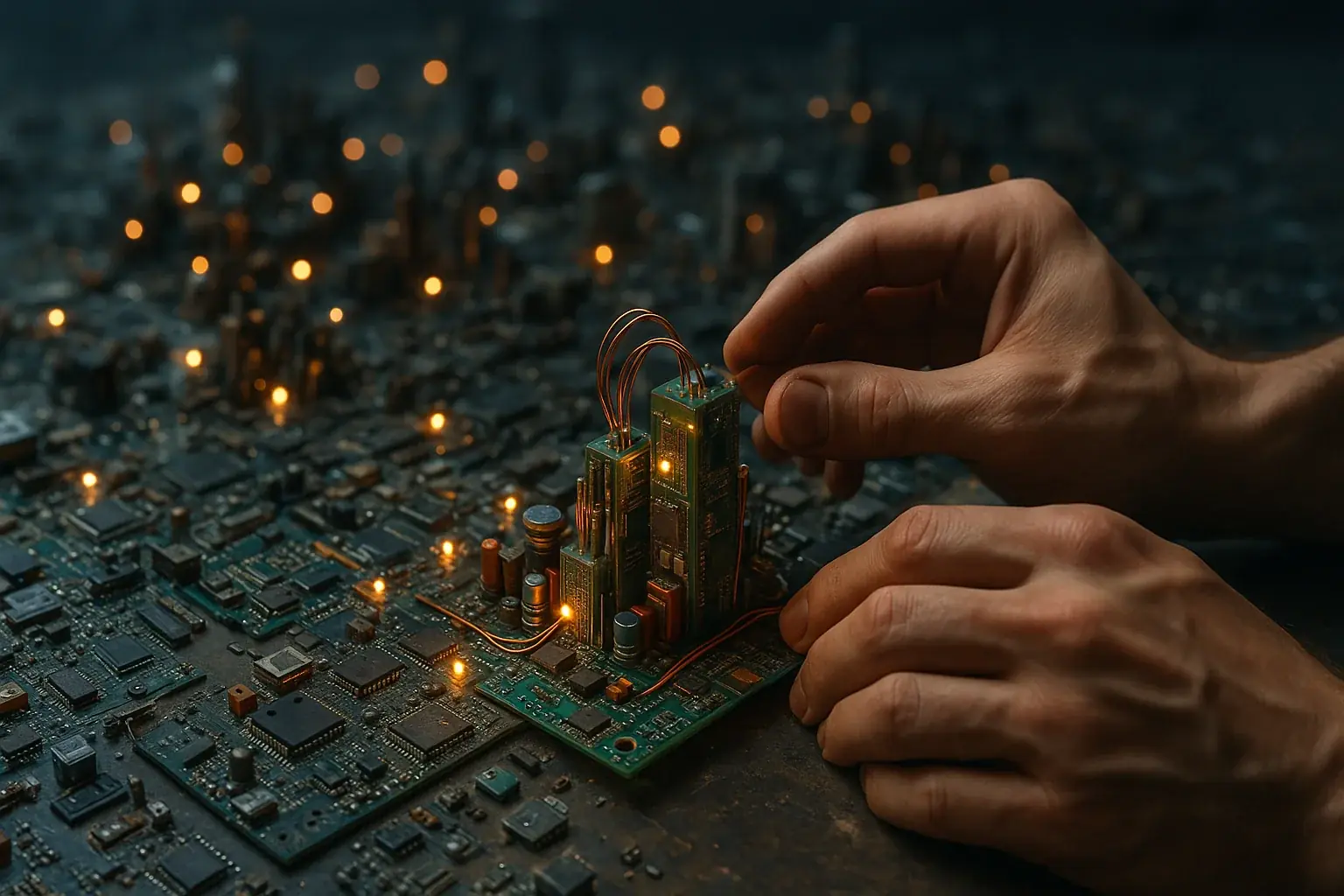 Hands crafting intricate additions to an e-waste cityscape, outlining next steps for your metropolis.