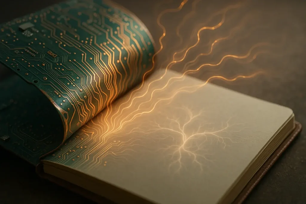 Circuit board transforms into a journal, abstract lines flowing to reveal an inner landscape, igniting self-expression.