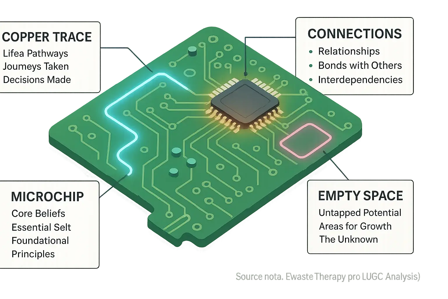 Circuit board symbolism infographic: pathways as life journey, microchips as core beliefs, for soul journaling.