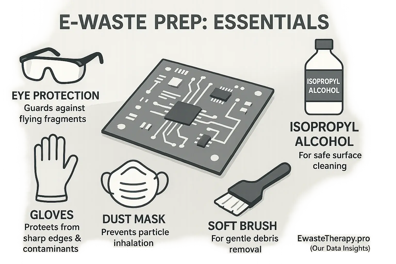 Essential safety & cleaning icons for PCB journaling: gloves, eye protection, mask, brush, alcohol.