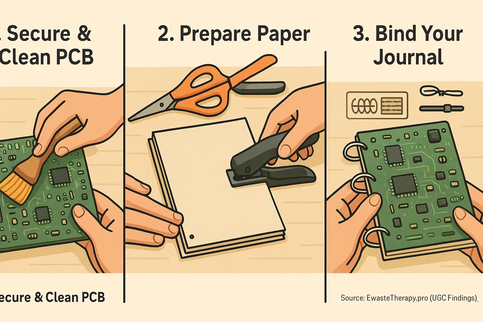 Clear infographic: circuit board prep, paper attachment, and journal binding steps.